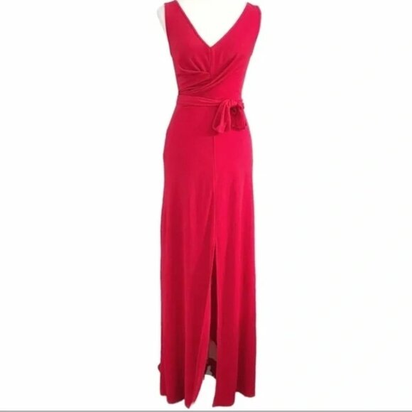 BCBGMAXAZRIA RED LONG EVENING DRAPED BELTED SLEEVELESS FLOWY DRESS - XXS - Picture 4 of 7